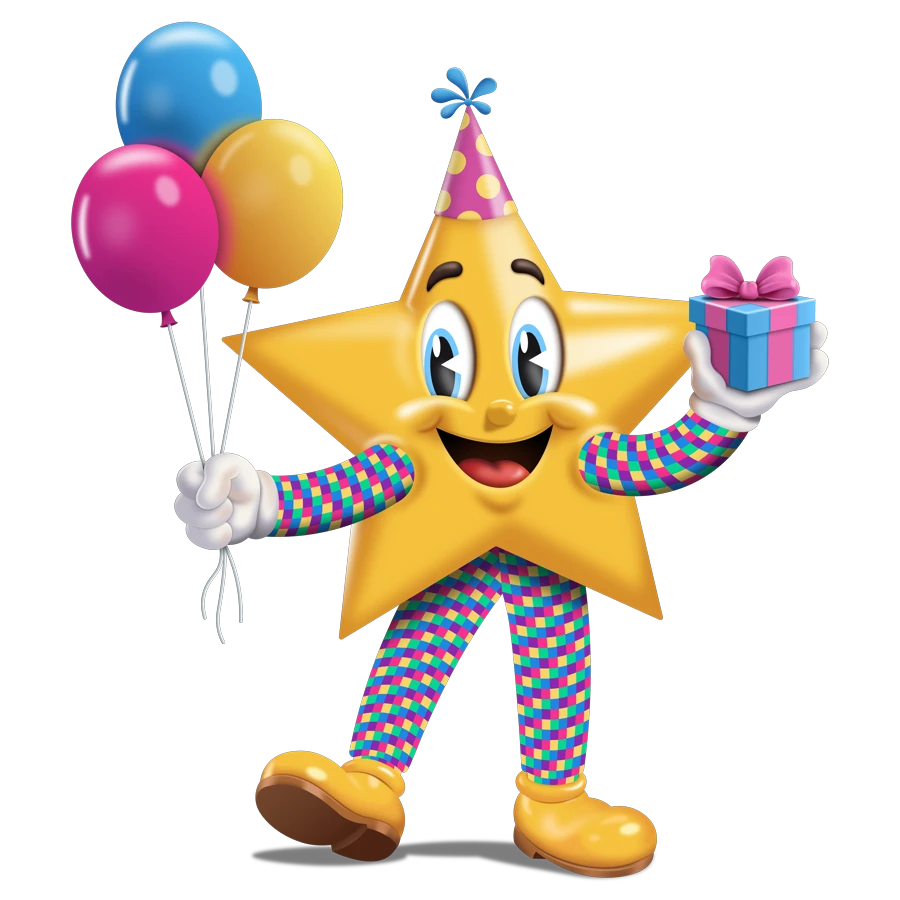 Starry — a golden star in a party hat, holding balloons and a gift