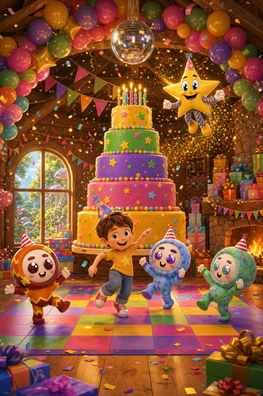The rebuilt party with balloon arches and a cake tower